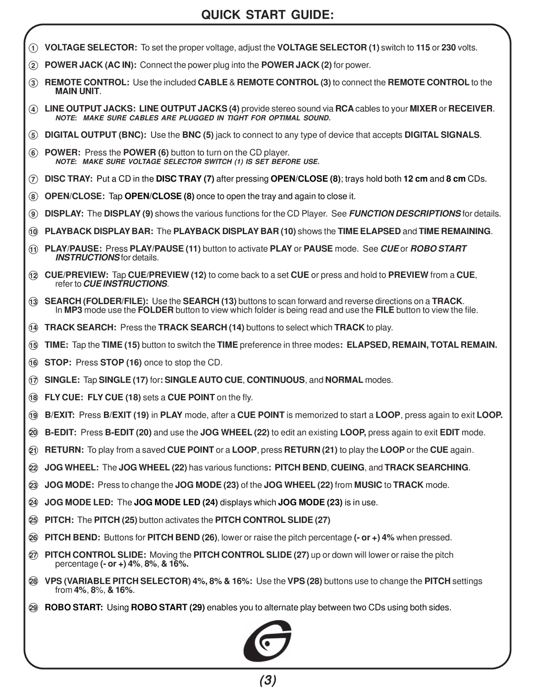 Gemini MPX-3 manual Quick Start Guide, Main Unit 