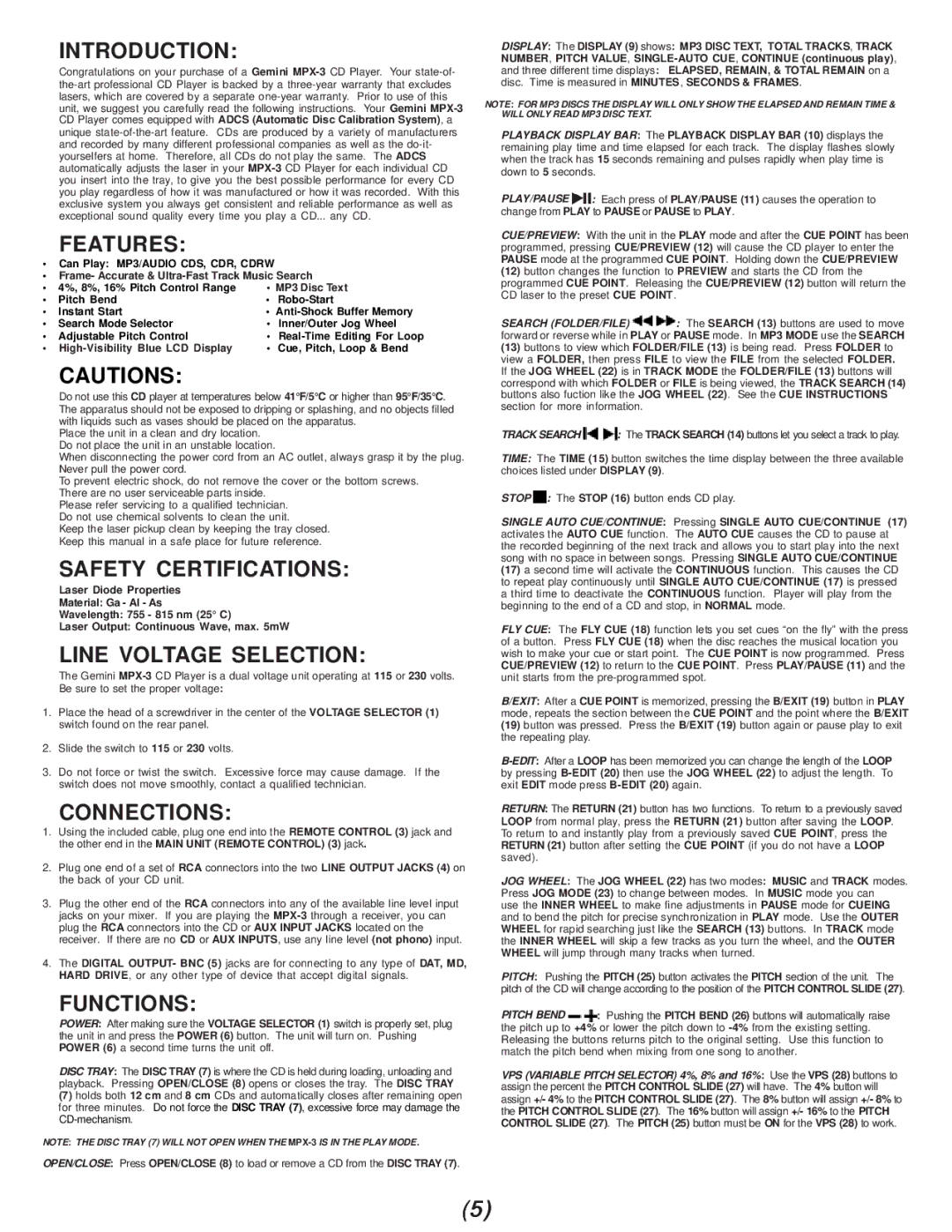 Gemini MPX-3 manual Introduction, Features, Safety Certifications, Line Voltage Selection, Connections, Functions 