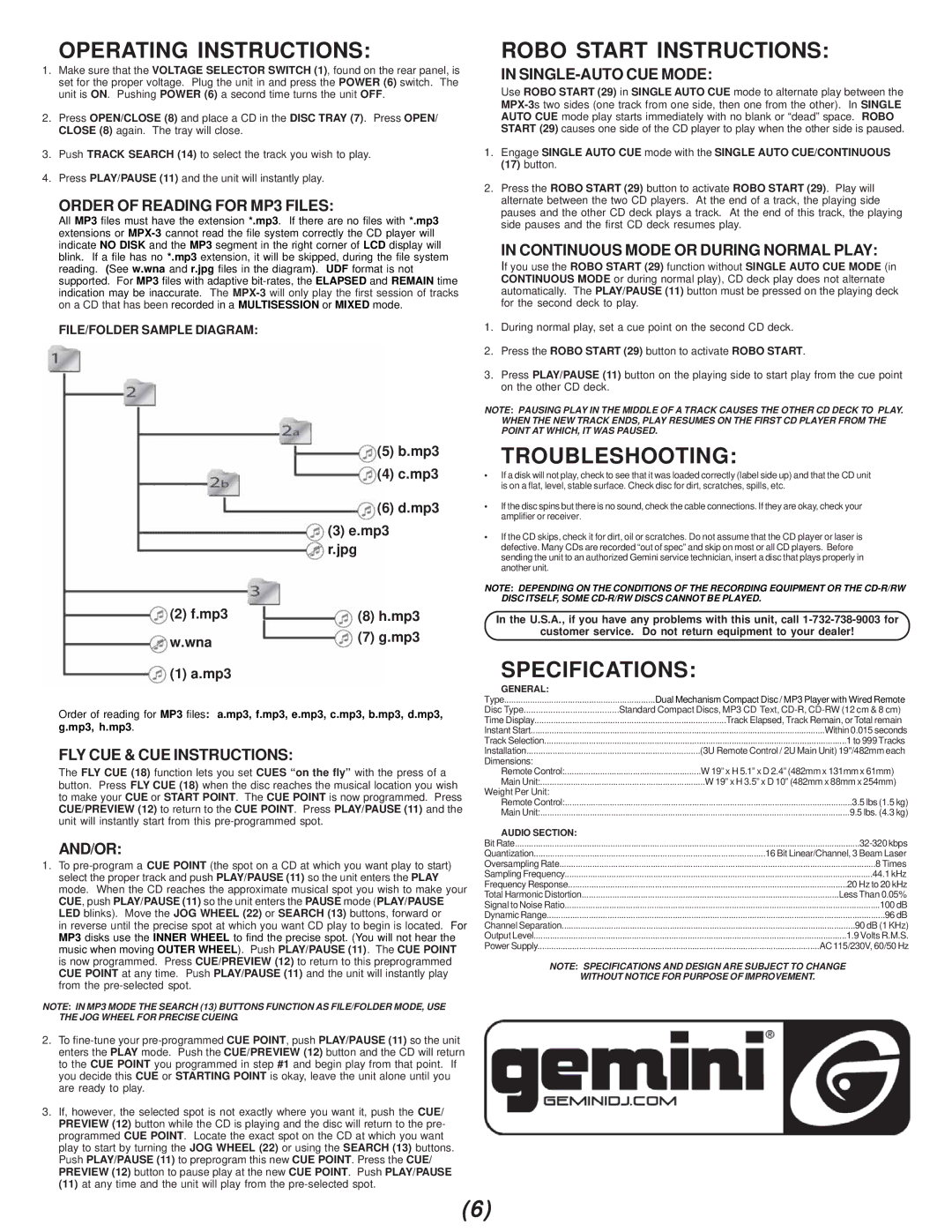 Gemini MPX-3 manual Operating Instructions, Robo Start Instructions, Troubleshooting, Specifications 