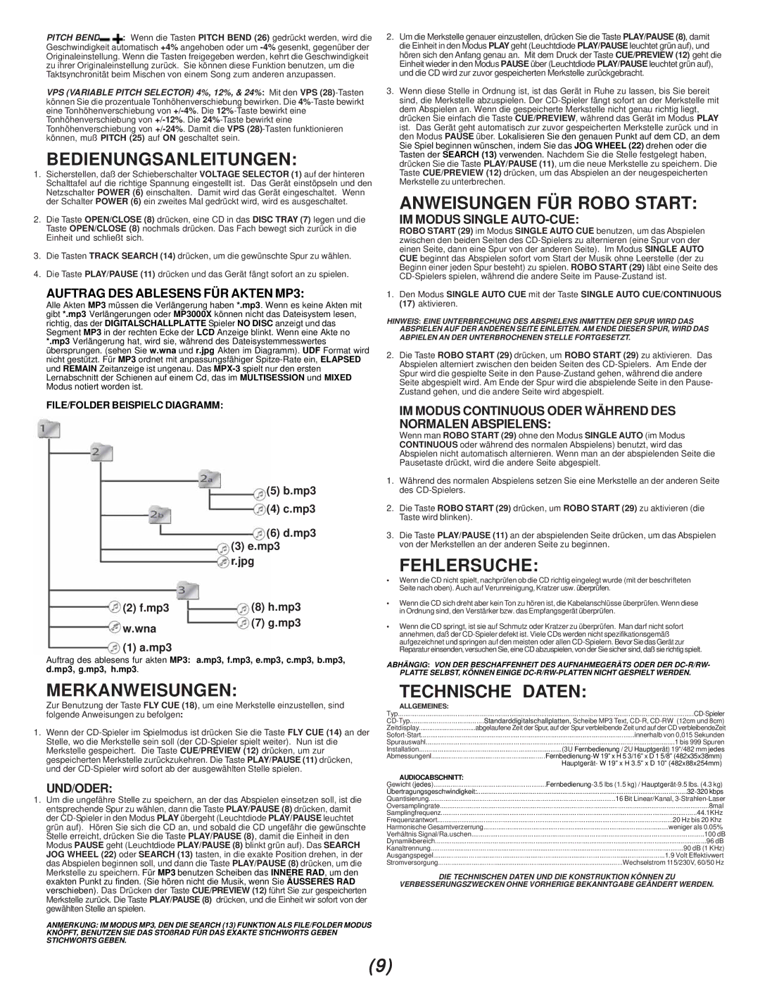 Gemini MPX-3 manual Bedienungsanleitungen, Merkanweisungen, Anweisungen FÜR Robo Start, Fehlersuche, Technische Daten 