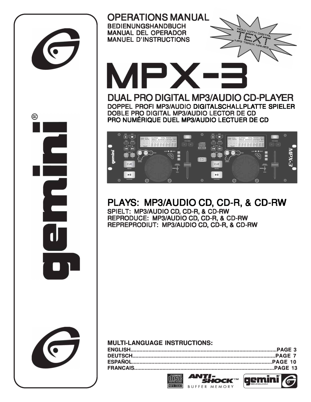 Gemini MPX-3 manual Operations Manual, PLAYS MP3/AUDIO CD, CD-R,& CD-RW, DUAL PRO DIGITAL MP3/AUDIO CD-PLAYER, English 