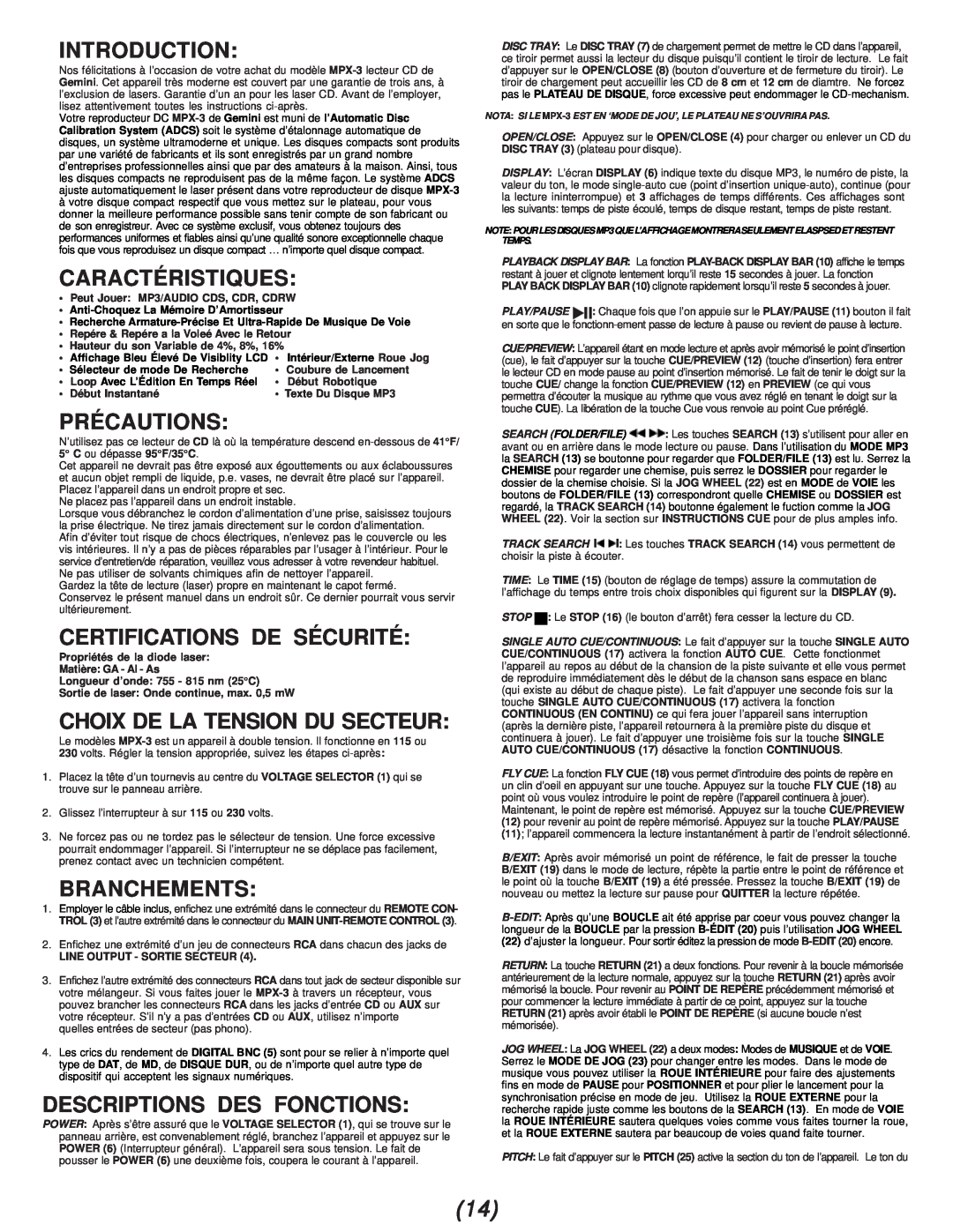 Gemini MPX-3 manual Caractéristiques, Précautions, Certifications De Sécurité, Choix De La Tension Du Secteur, Branchements 