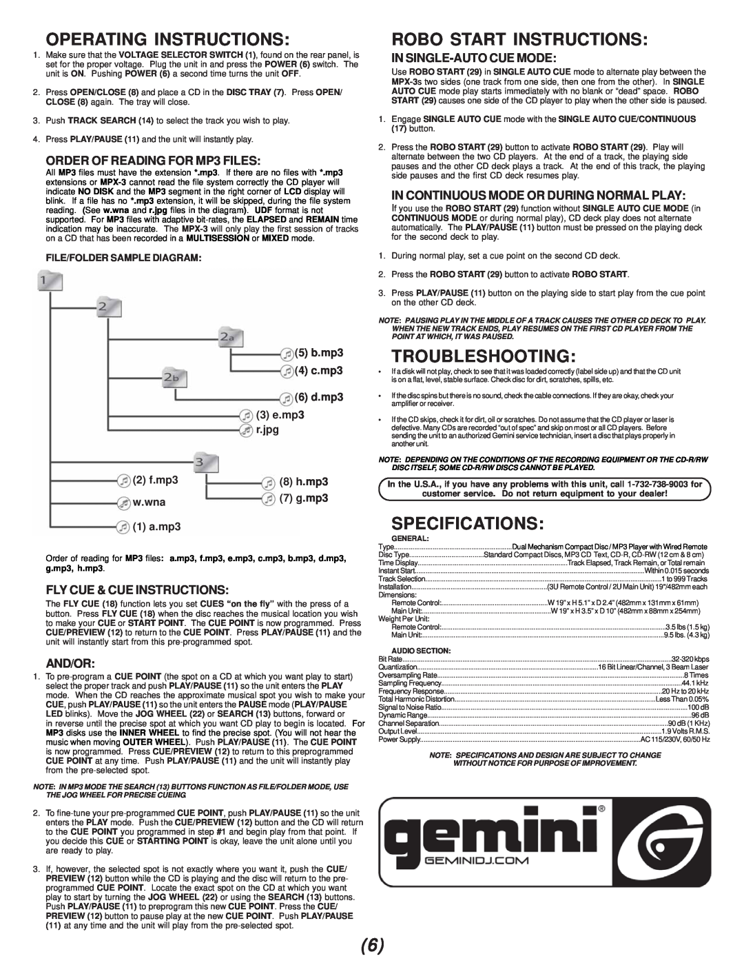 Gemini MPX-3 Operating Instructions, Robo Start Instructions, Troubleshooting, Specifications, 5 b.mp3 4 c.mp3 6 d.mp3 