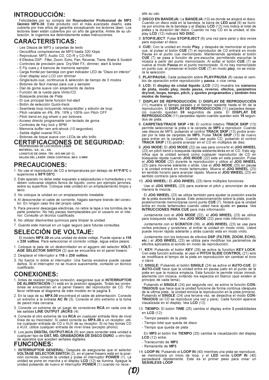 Gemini MPX-30 Introducción, Caracteristicas, Certificaciones DE Seguridad, Precauciones, Selección DE Voltaje, Conexiones 