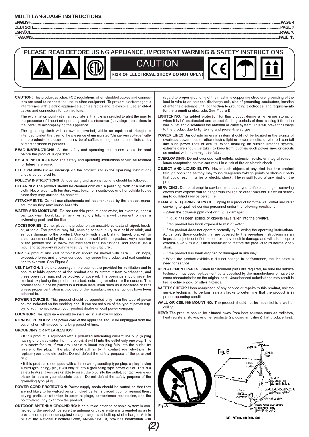 Gemini MPX-30 manual Multi Language Instructions, PAGE10, Risk of Electrical Shock do not Open 