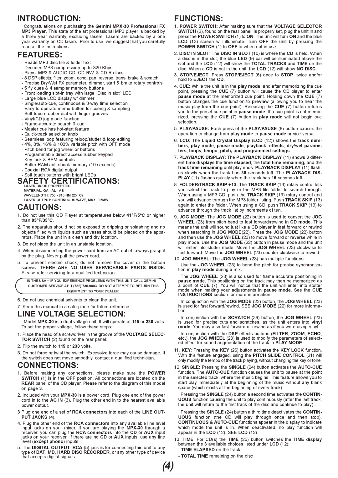 Gemini MPX-30 manual Introduction, Features, Safety Certifications, Line Voltage Selection, Connections, Functions 