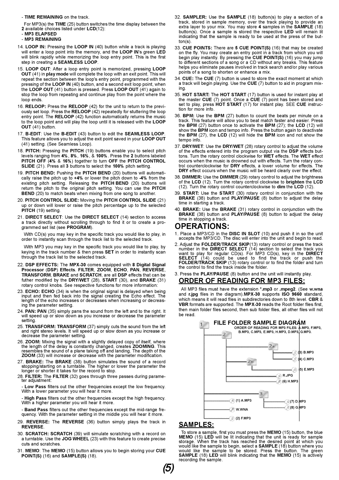 Gemini MPX-30 manual Operations, Order of Reading for MP3 Files, Samples, File Folder Sample Diagram 