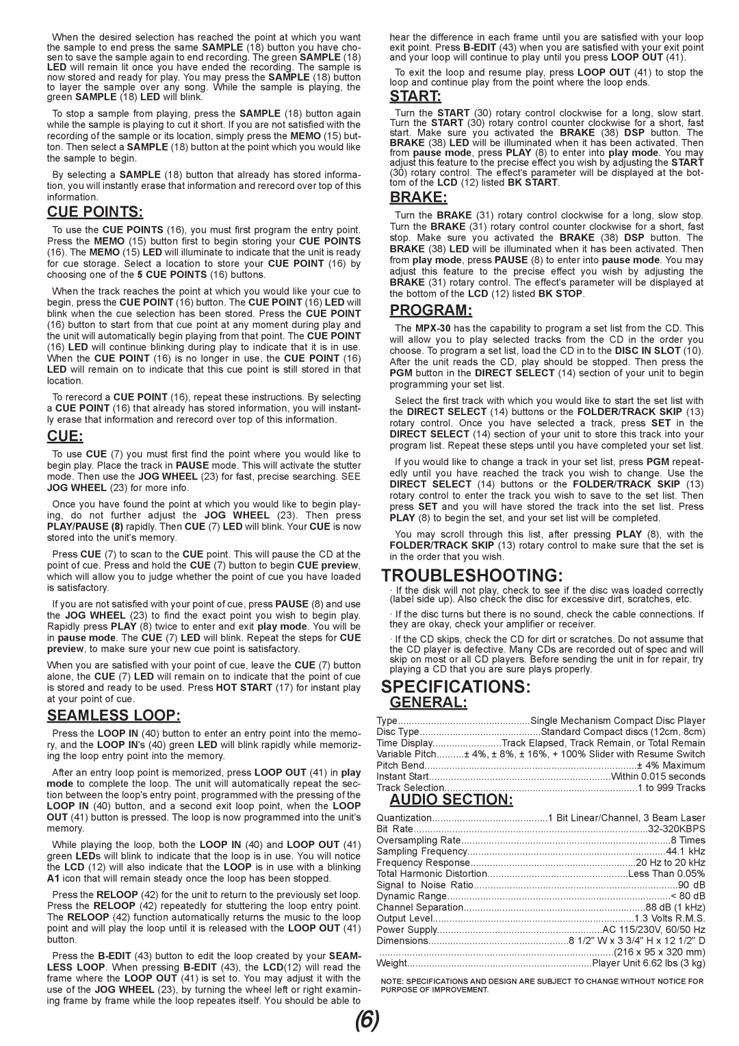 Gemini MPX-30 manual Troubleshooting, Specifications 