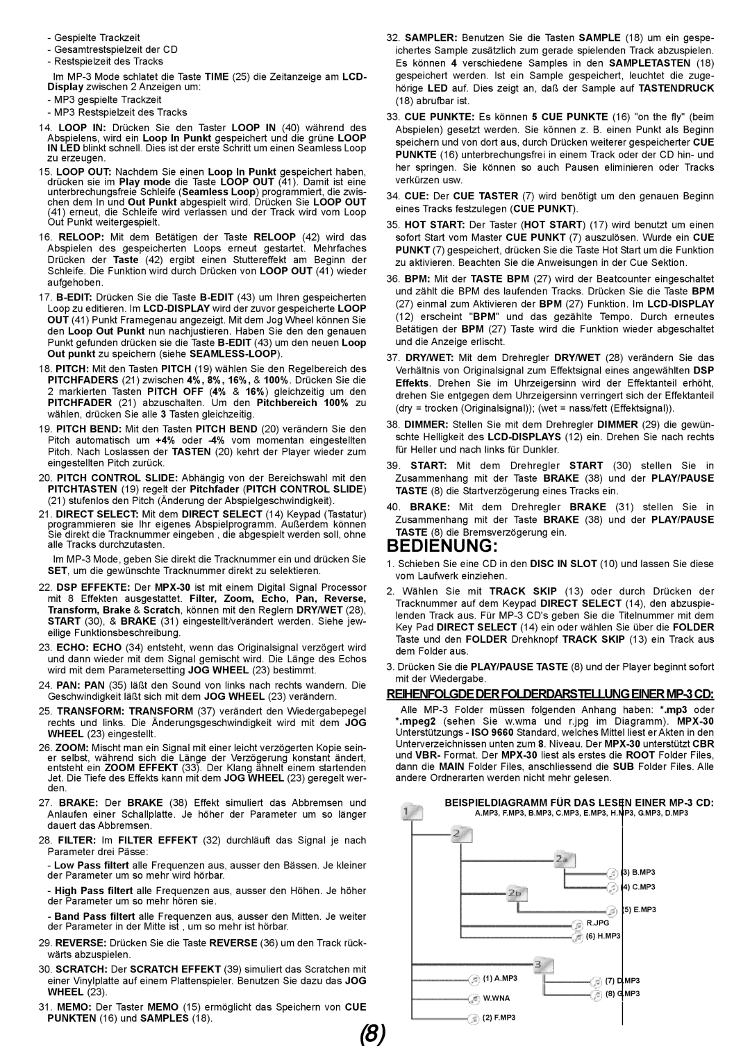 Gemini MPX-30 manual Bedienung, REIHENFOLGDEDERFOLDERDARSTELLUNGEINERMP-3CD, Beispieldiagramm FÜR DAS Lesen Einer MP-3 CD 