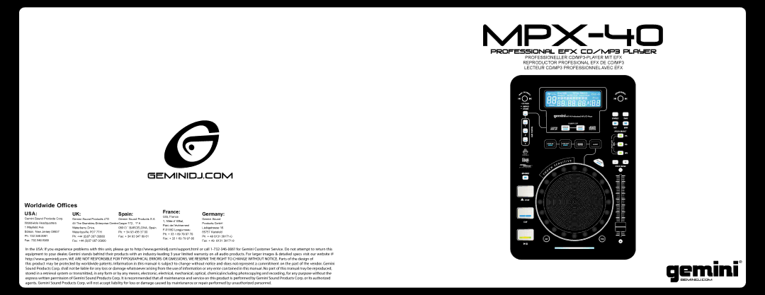 Gemini MPX-40 warranty 