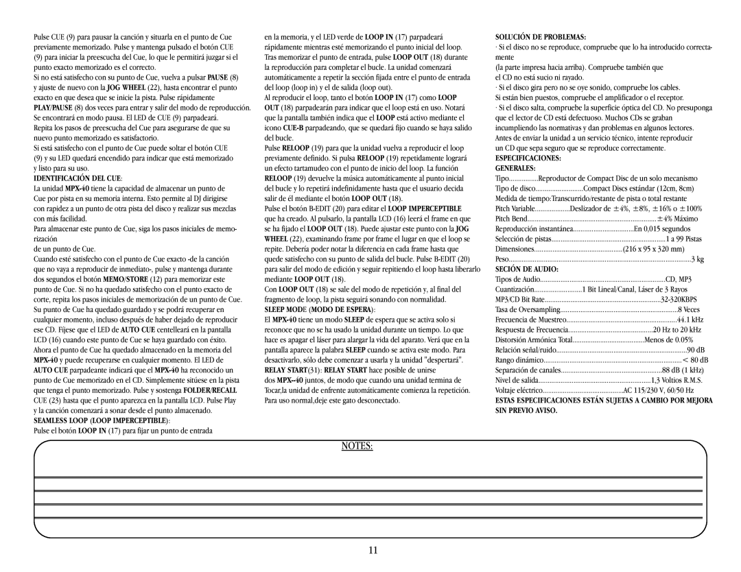 Gemini MPX-40 Identificación DEL CUE, Seamless Loop Loop Imperceptible, Sleep Mode Modo DE Espera, Solución DE Problemas 