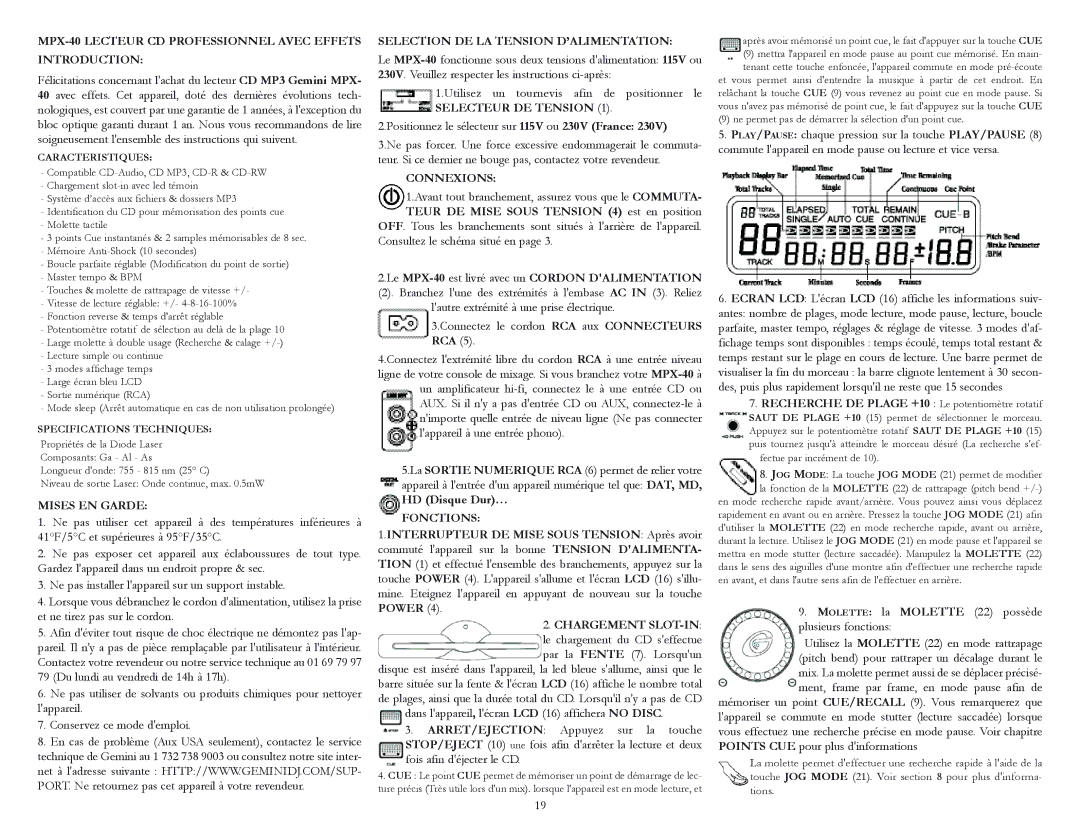 Gemini warranty MPX-40 Lecteur CD Professionnel Avec Effets Introduction 
