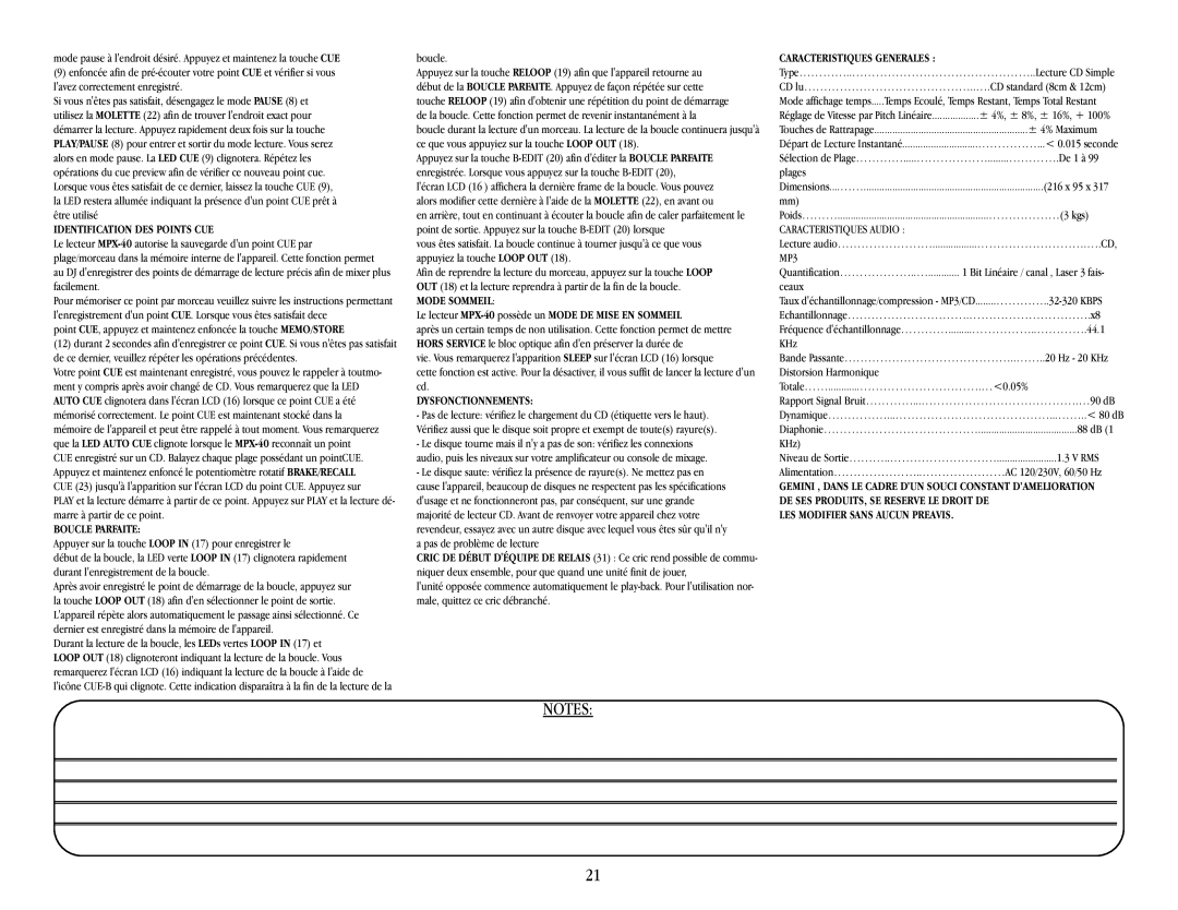 Gemini MPX-40 warranty Identification DES Points CUE, Boucle Parfaite, Mode Sommeil, Dysfonctionnements 