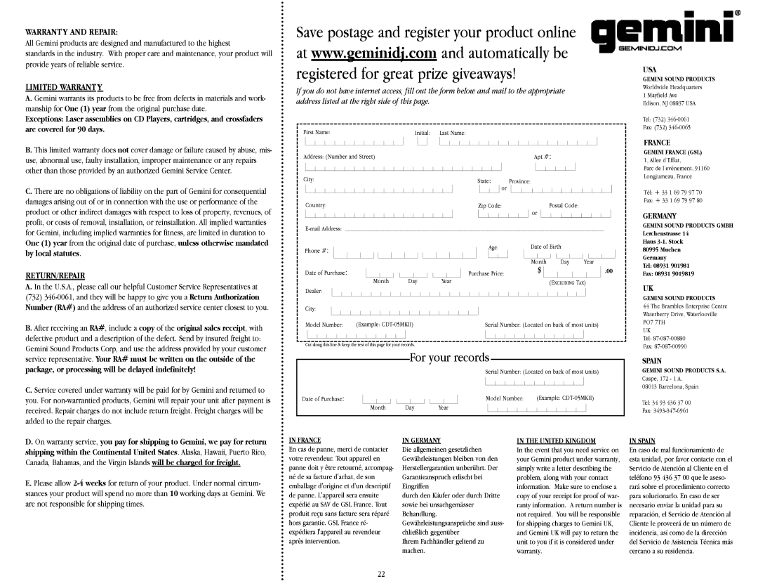 Gemini MPX-40 warranty For your records 