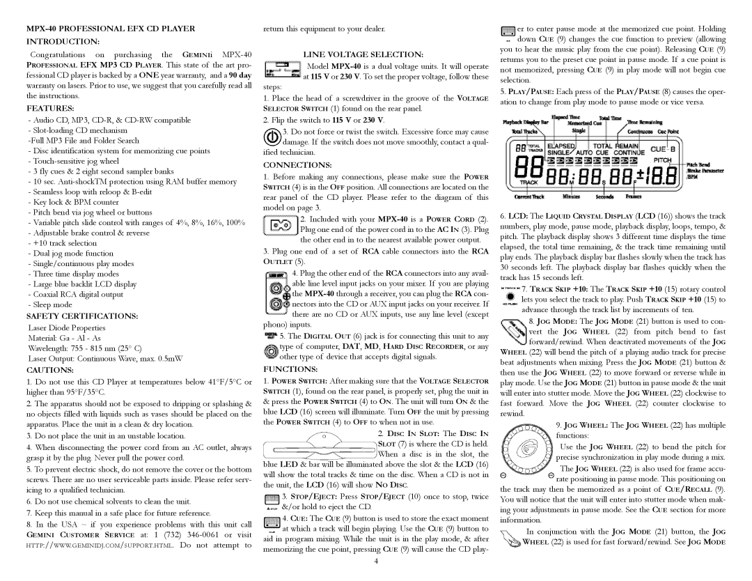 Gemini warranty MPX-40 Professional EFX CD Player Introduction 
