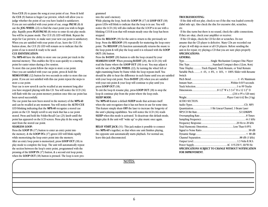 Gemini MPX-40 warranty CUE Identification, Seamless Loop, Sleep Mode, Troubleshooting, General 