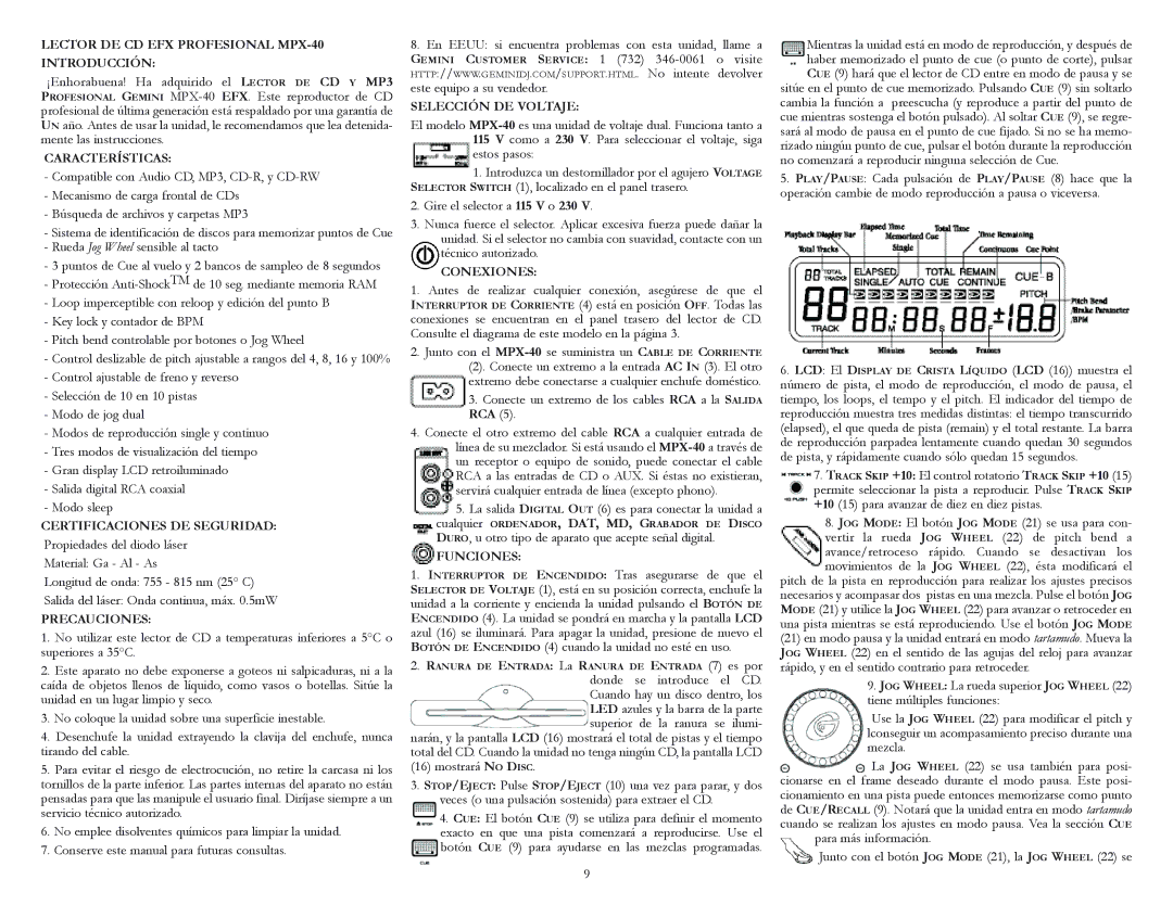 Gemini warranty Lector DE CD EFX Profesional MPX-40 Introducción 