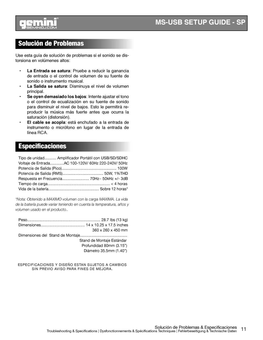 Gemini MS-USB manual Solución de Problemas & Especificaciones 