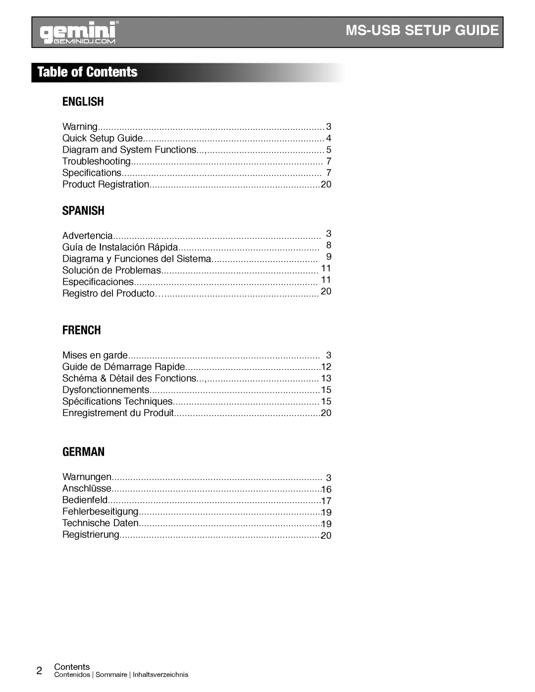 Gemini manual MS-USB Setup Guide, Table of Contents 