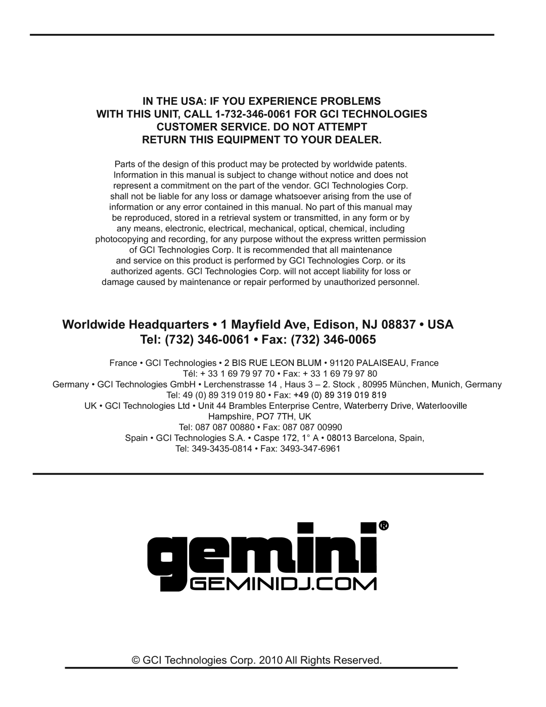 Gemini MS-USB manual GCI Technologies Corp All Rights Reserved 