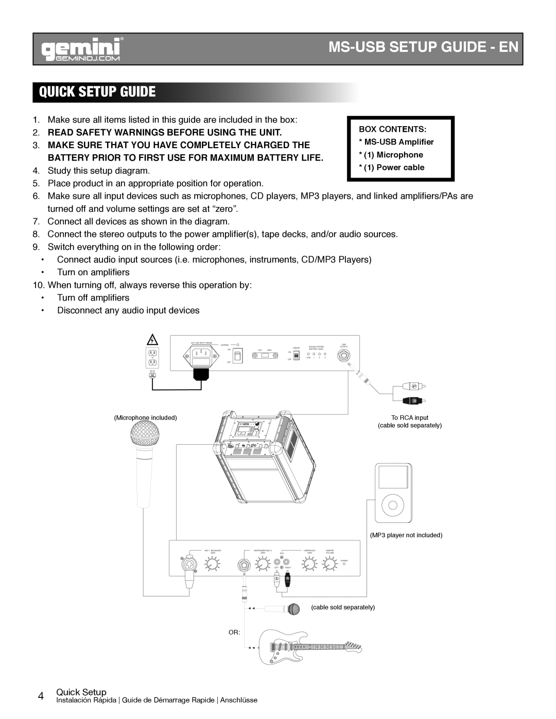 Gemini MS-USB manual Quick Setup Guide 