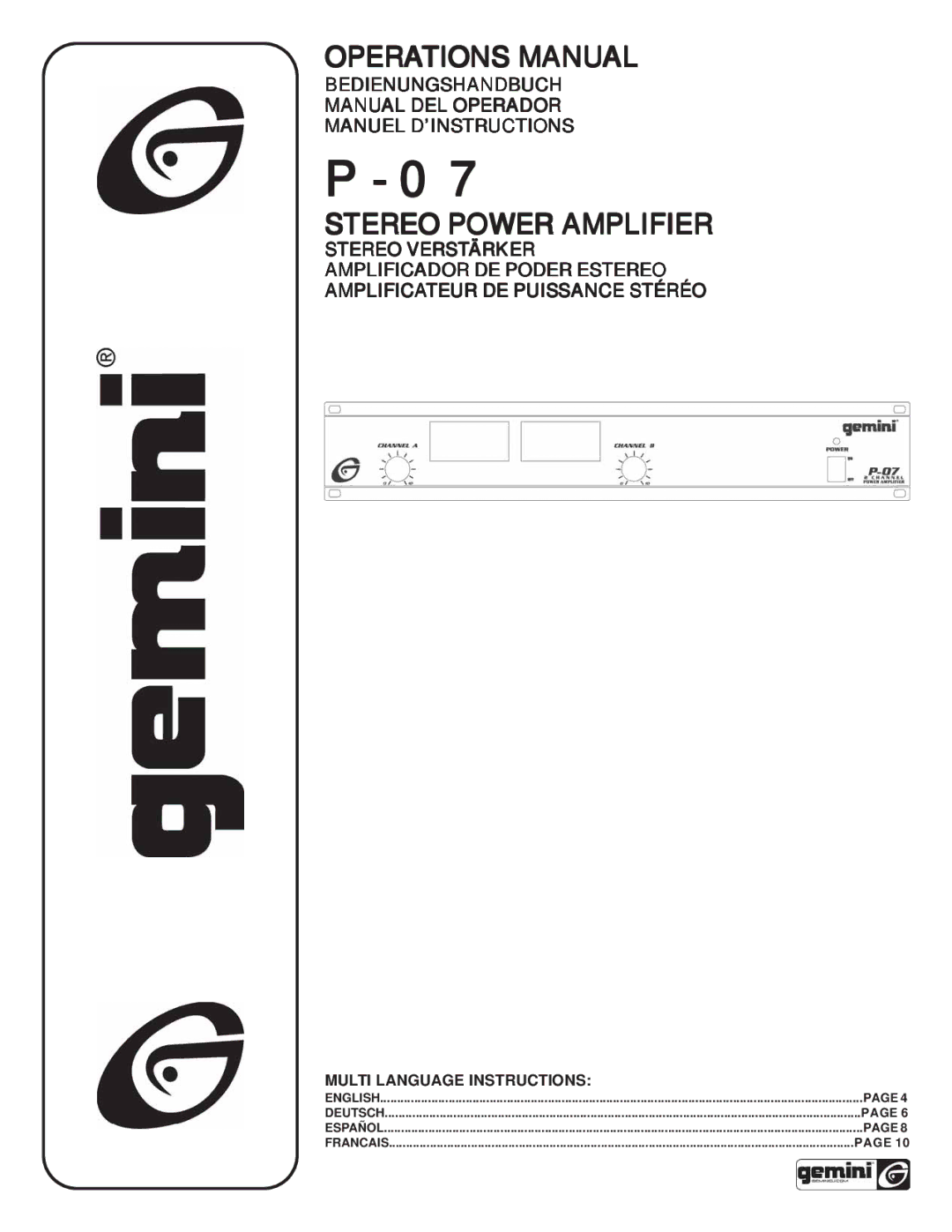 Gemini P-07 manual Stereo Power Amplifier, Multi Language Instructions 