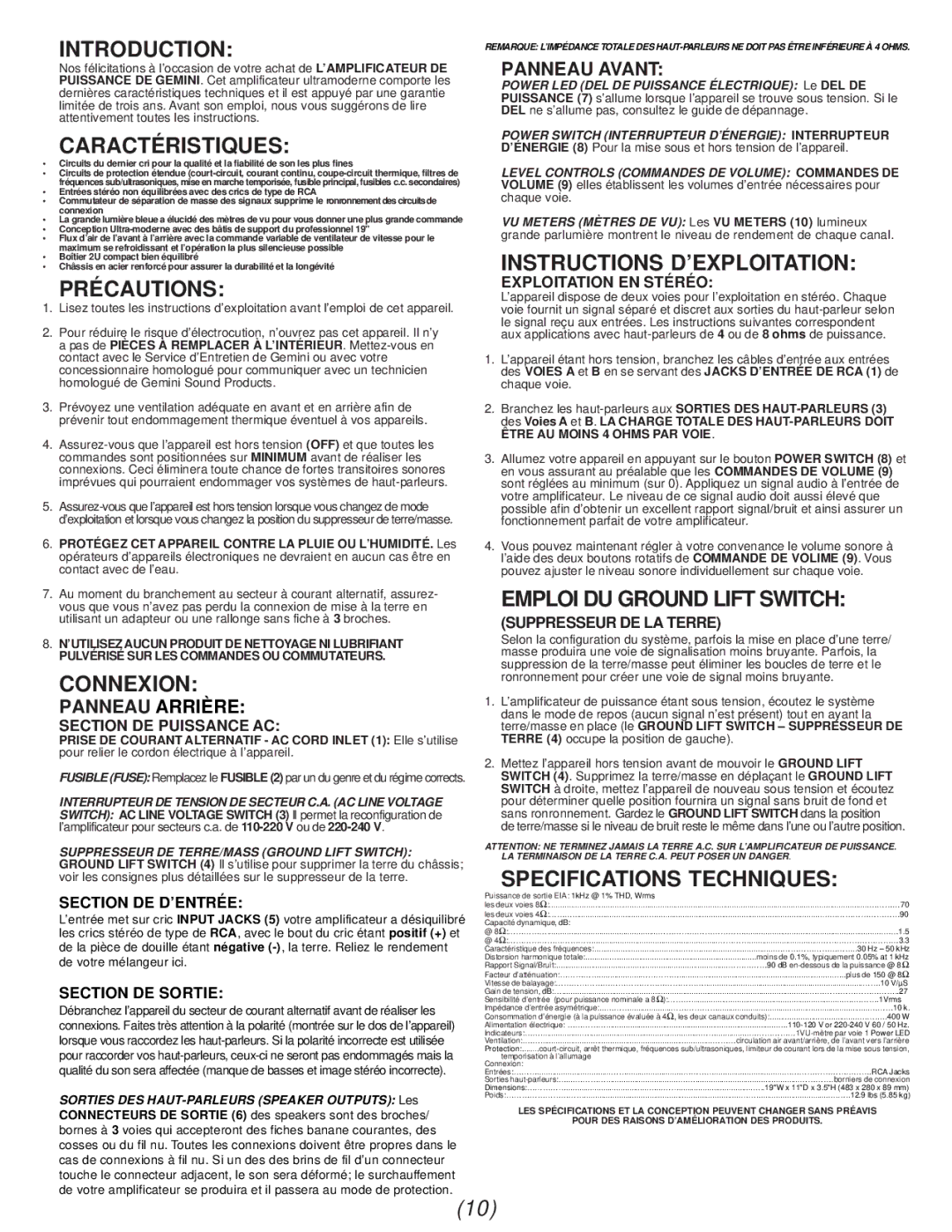 Gemini P-07 Introduction, Caractéristiques, Précautions, Connexion, Instructions D’EXPLOITATION, Specifications Techniques 