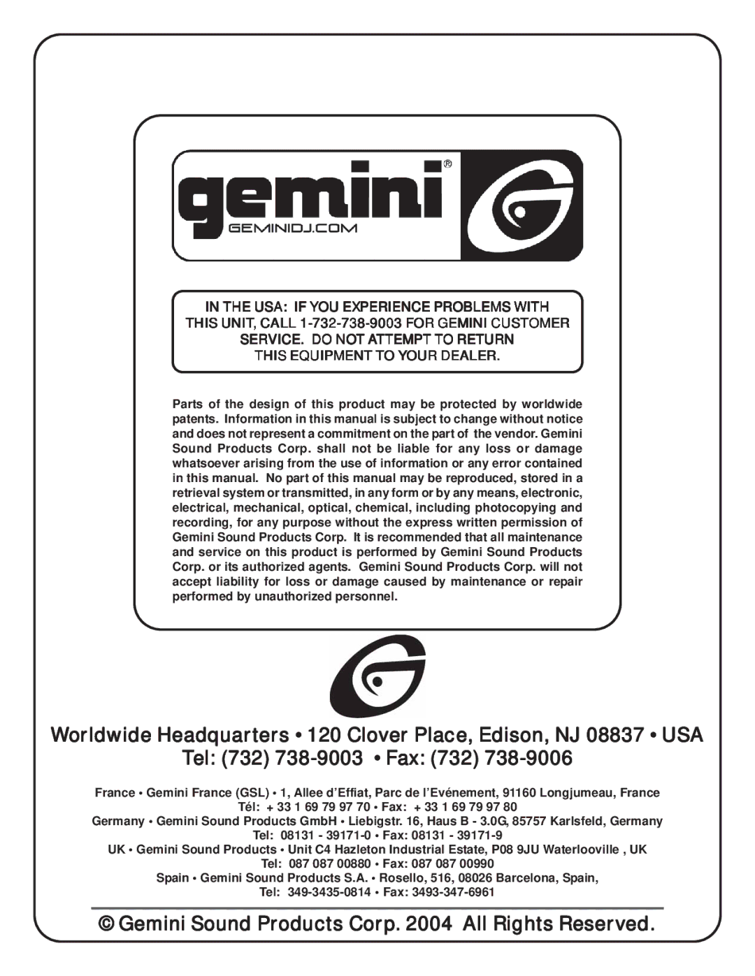 Gemini P-07 manual Gemini Sound Products Corp All Rights Reserved 