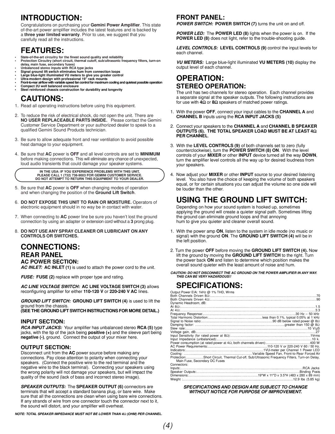 Gemini P-07 manual Introduction, Features, Connections, Operation, Using the Ground Lift Switch, Specifications 