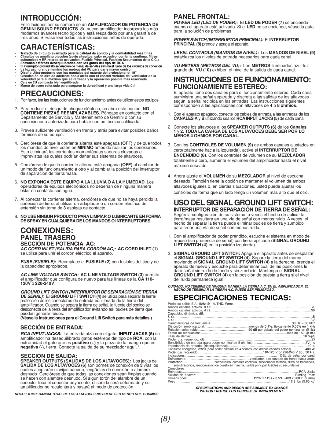 Gemini P-07 manual Introducción, Características, Precauciones, Conexiones, Instrucciones DE Funcionamiento 