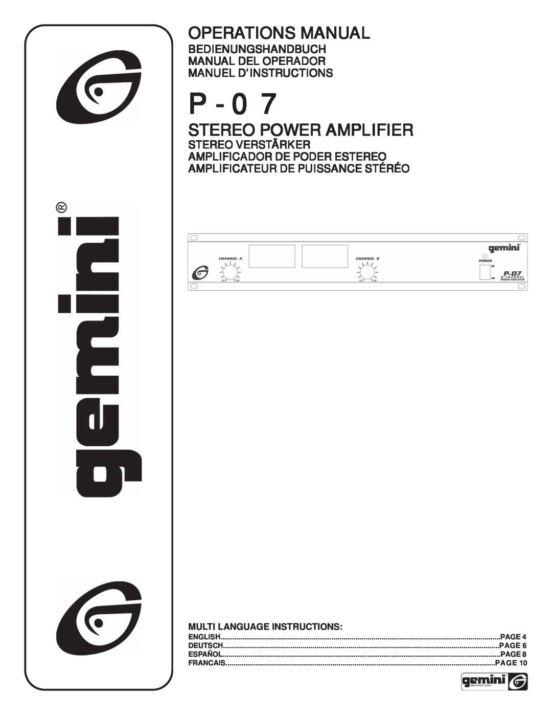 Gemini P-07 manual Operations Manual, Stereo Power Amplifier, Bedienungshandbuch Manual Del Operador, Francais 