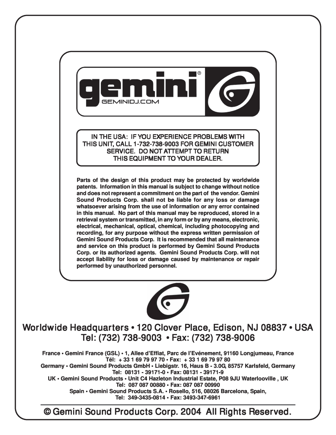 Gemini P-07 manual Tel 732 738-9003 Fax 