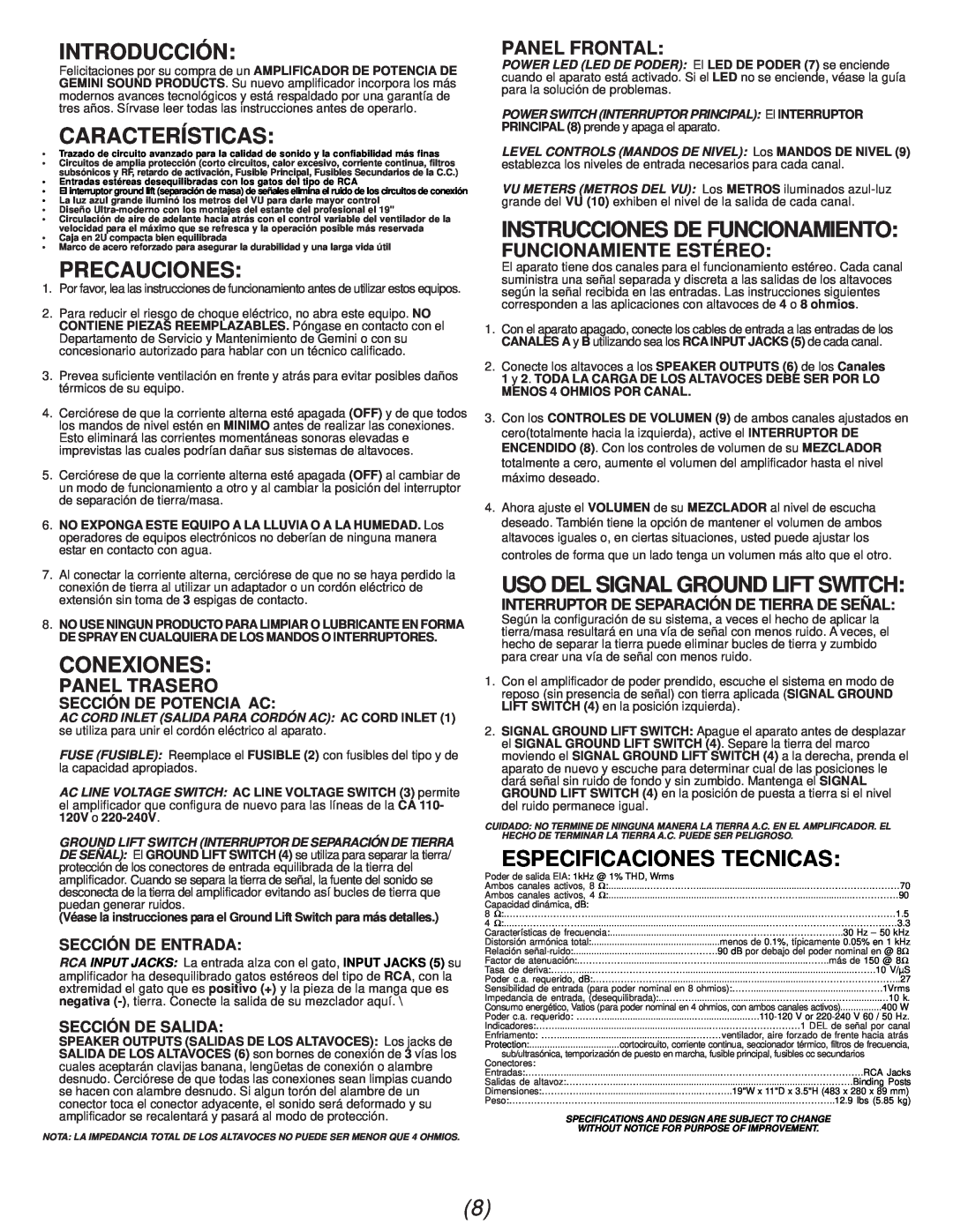 Gemini P-07 manual Introducción, Características, Precauciones, Conexiones, Instrucciones De Funcionamiento, Panel Trasero 