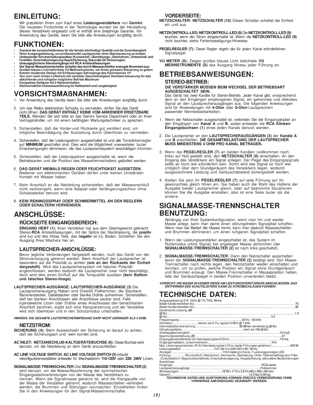 Gemini P-700 manual Einleitung, Funktionen, Anschlüsse, Betriebsanweisungen, SIGNALMASSE-TRENNSCHALTER Benutzung 