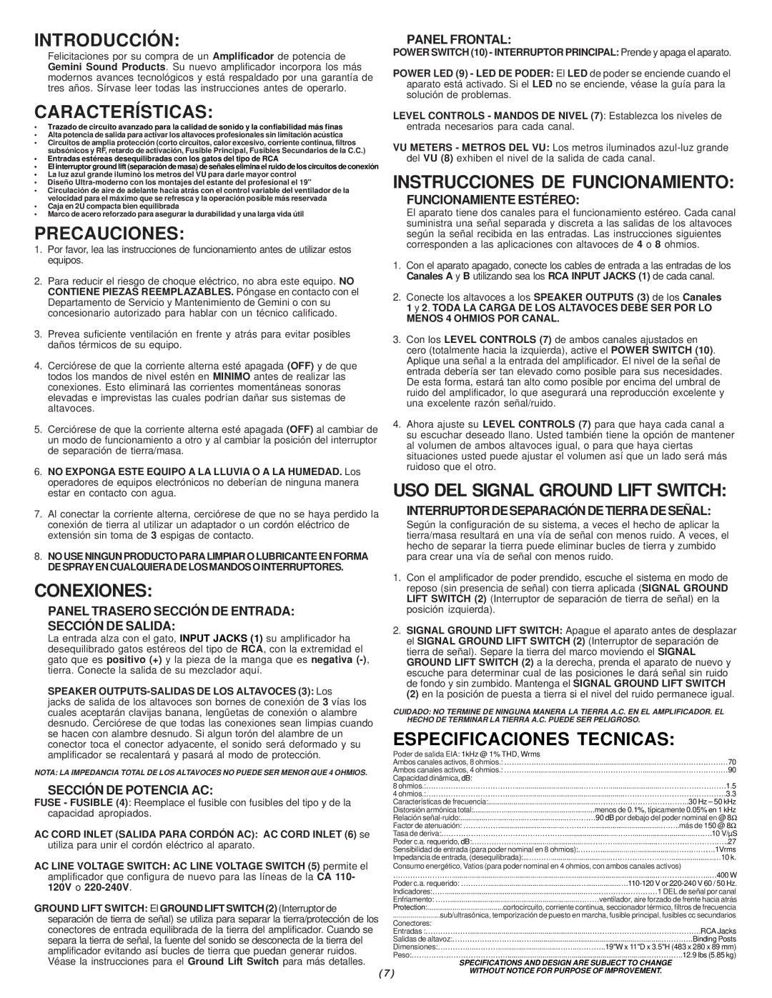 Gemini P-700 manual Introducción, Características, Precauciones, Conexiones, Instrucciones DE Funcionamiento 