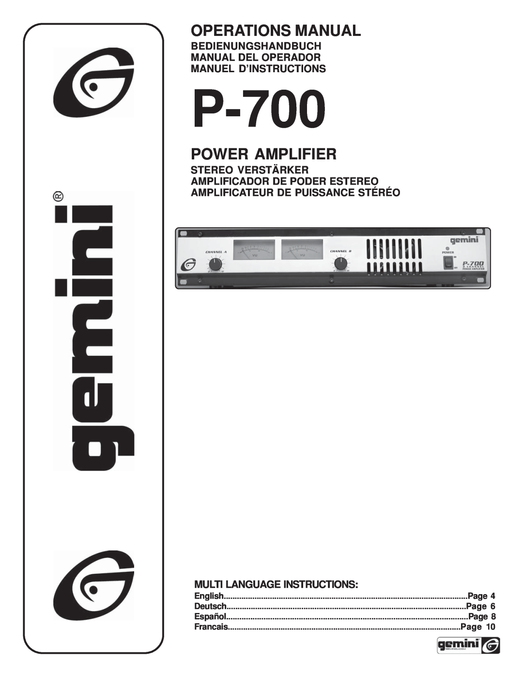 Gemini P-700 manual Bedienungshandbuch Manual Del Operador, Manuel D’Instructions, Amplificateur De Puissance Stéréo, Page 