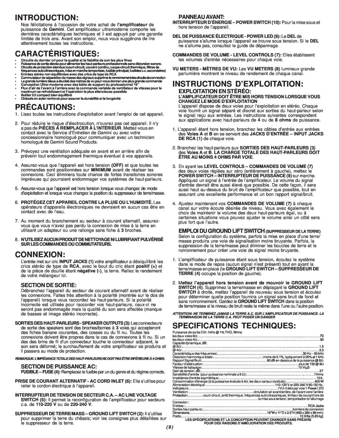 Gemini P-700 manual Introduction, Caractéristiques, Précautions, Connexion, Instructions D’Exploitation, Section De Sortie 