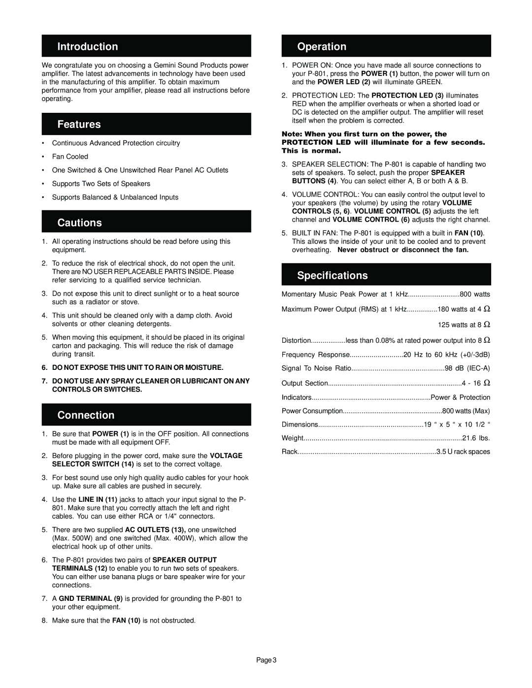 Gemini P-801 manual Introduction Operation, Features, Connection, Specifications 