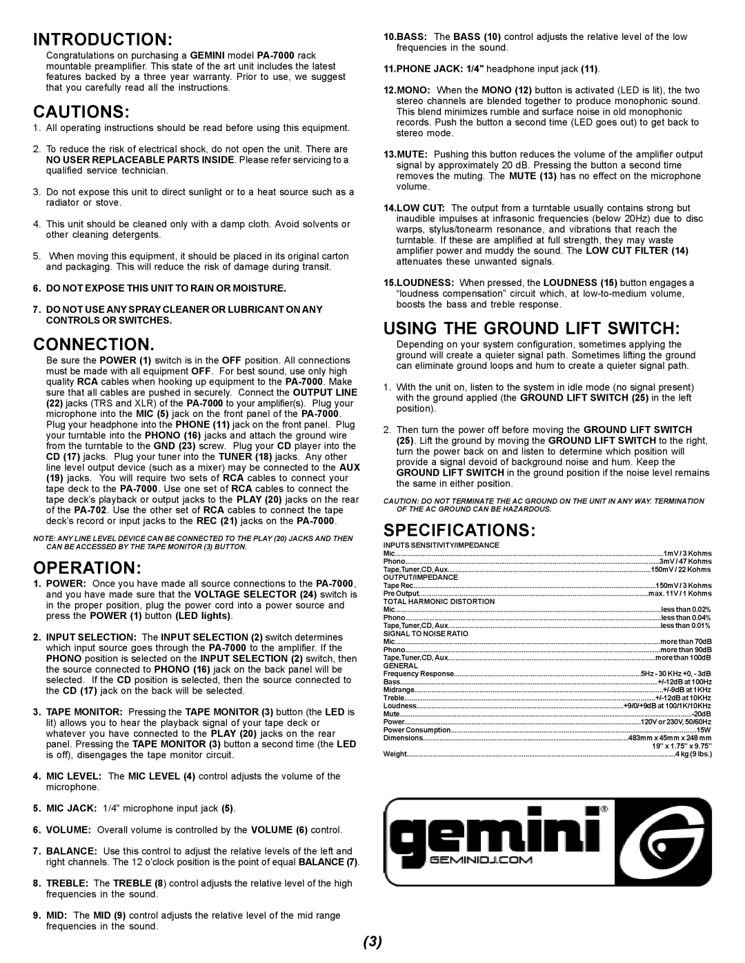 Gemini PA-7000 manual Introduction, Connection, Operation, Using the Ground Lift Switch, Specifications 