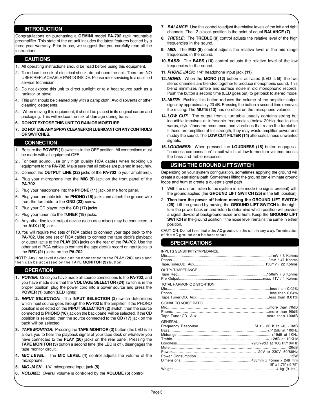 Gemini PA-702 manual Introduction, Connection, Operation, Using the Ground Lift Switch, Specifications 