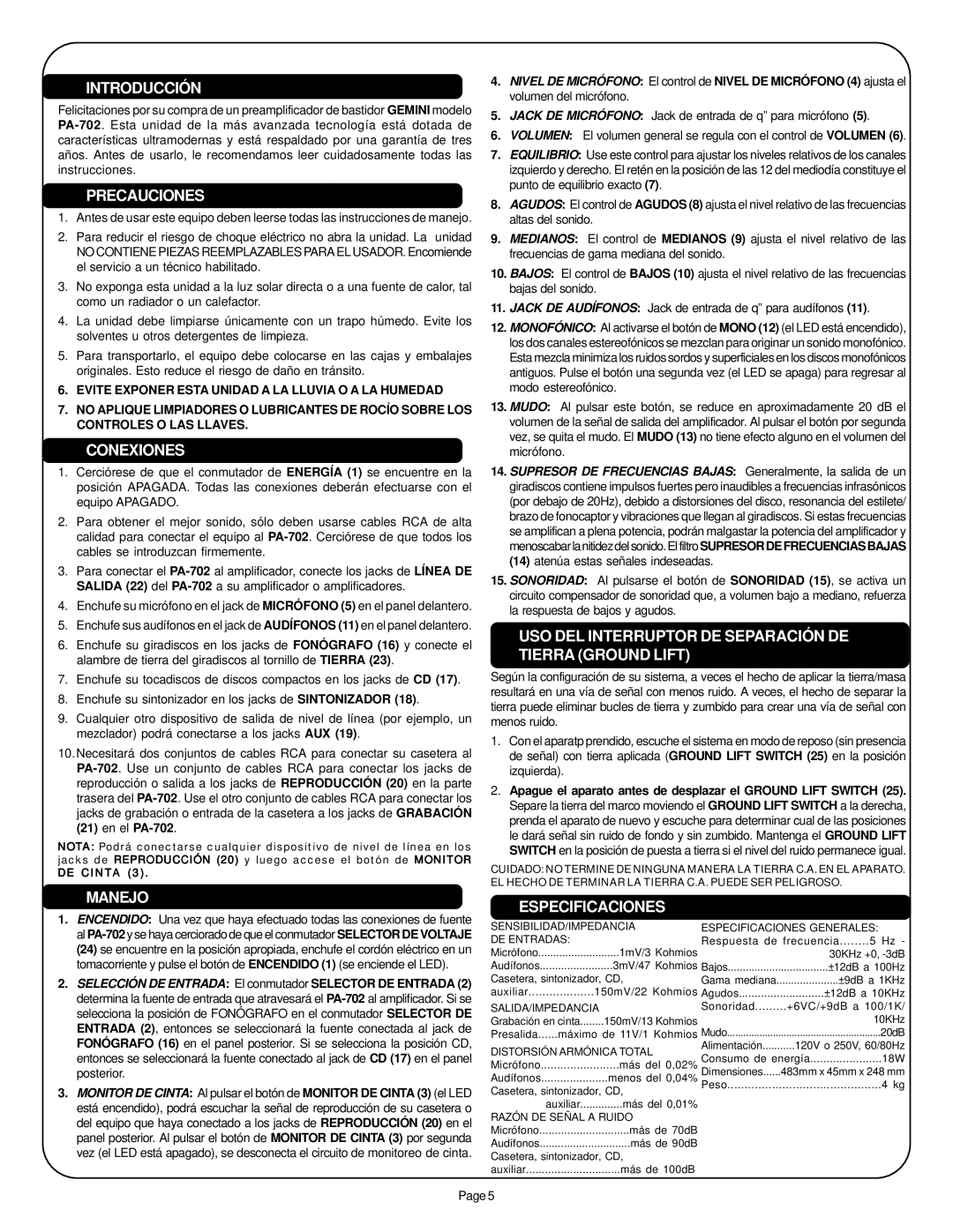 Gemini PA-702 Introducción, Precauciones, Conexiones, Manejo, USO DEL Interruptor DE Separación DE Tierra Ground Lift 