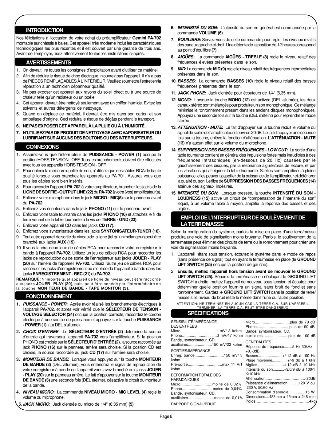 Gemini PA-702 manual Avertissements, Connexions, Fonctionnement, Emploidel’Interrupteurdesoulèvementde Laterre/Masse 