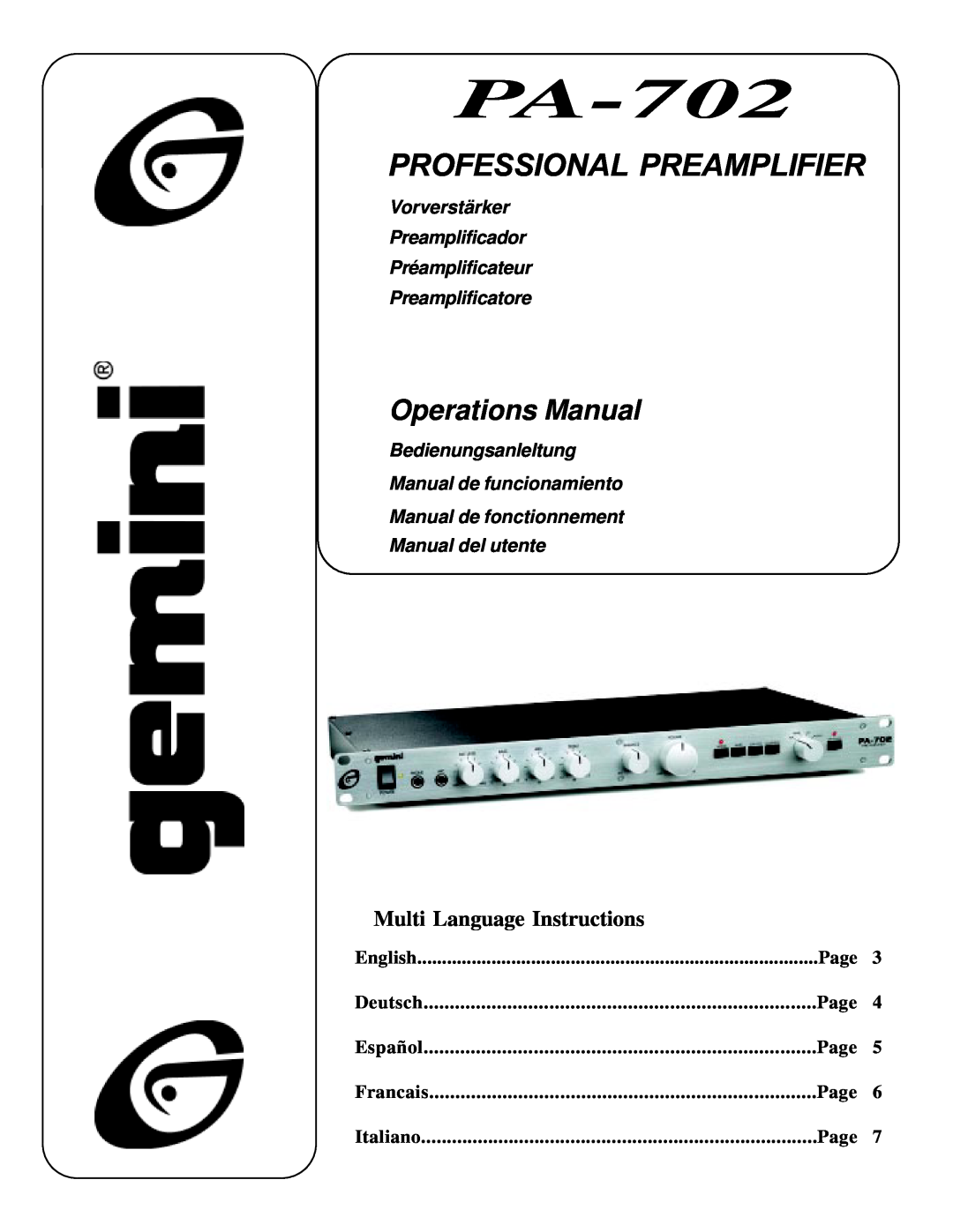 Gemini PA-702 manual Professional Preamplifier, Operations Manual, Multi Language Instructions, Preamplificatore, English 