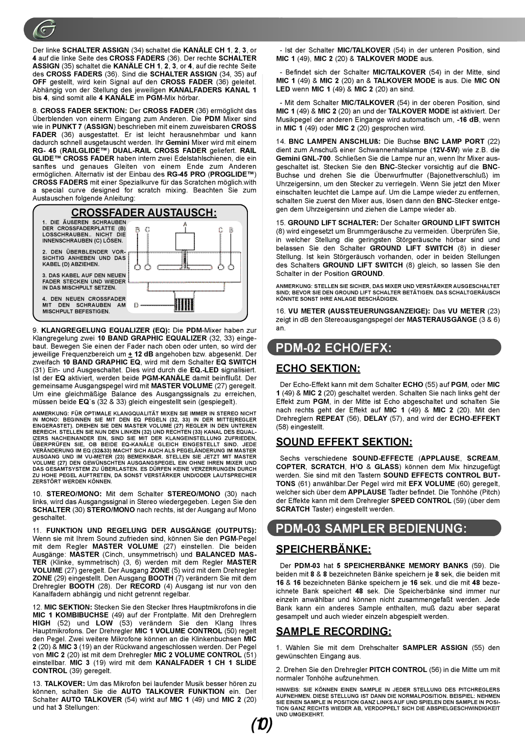 Gemini PDM-02, PDM-01 PDM-03 Sampler Bedienung, Crossfader Austausch, Echo Sektion, Sound Effekt Sektion, Speicherbänke 