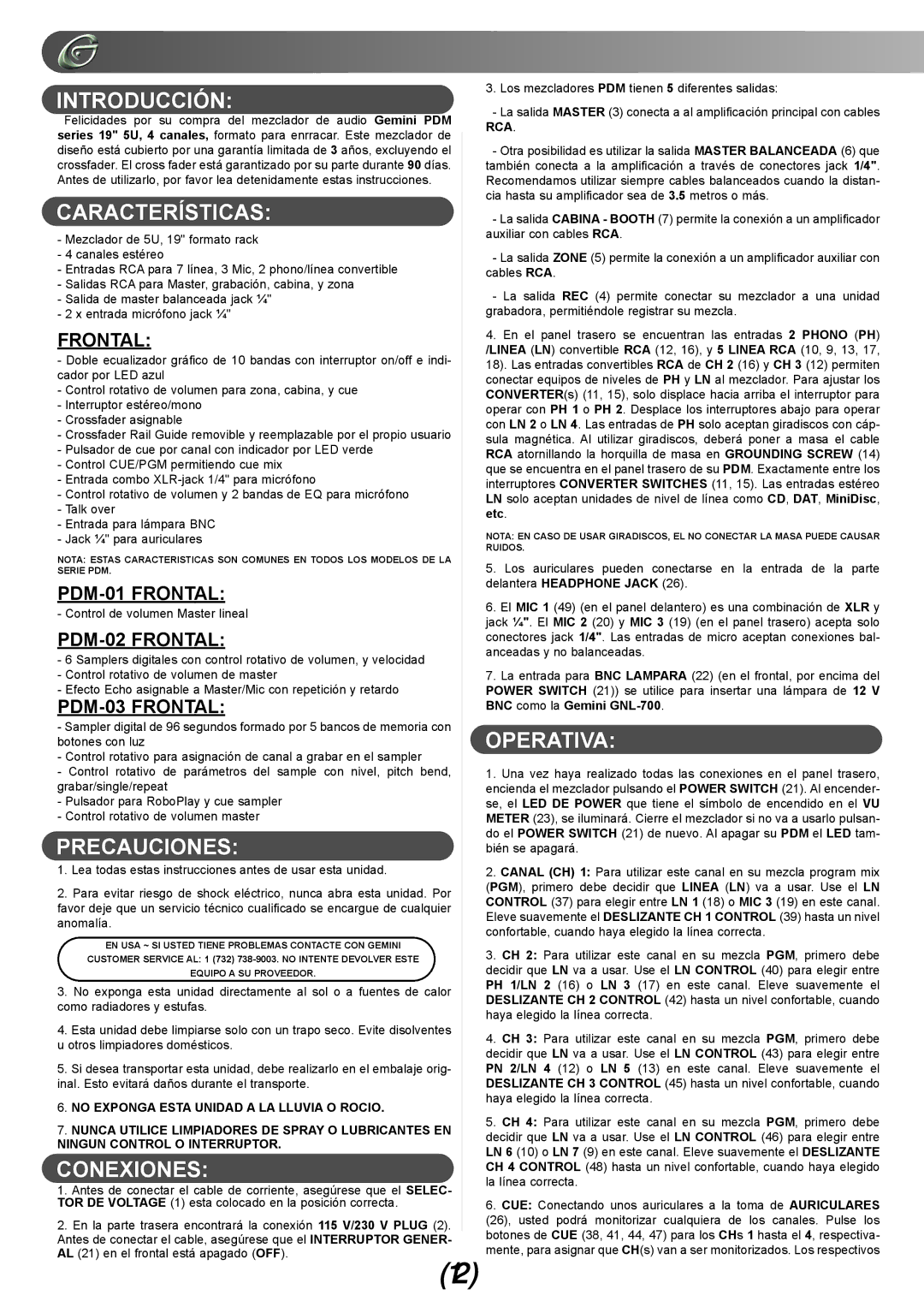 Gemini PDM-01, PDM-02, PDM-03 manual Introducción, Características, Precauciones, Conexiones, Operativa 