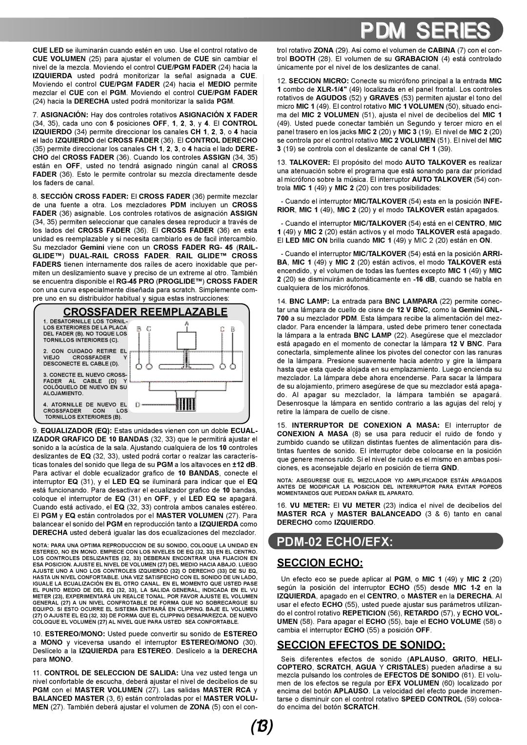 Gemini PDM-02, PDM-01, PDM-03 manual Crossfader Reemplazable, Seccion Echo, Seccion Efectos DE Sonido 