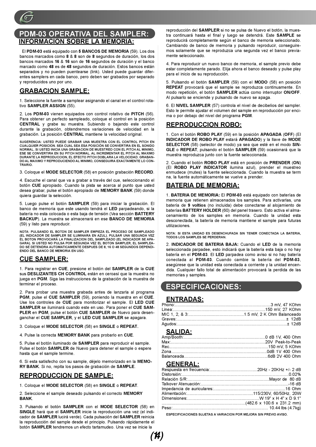 Gemini PDM-01, PDM-02 manual PDM-03 Operativa DEL Sampler, Especificaciones 