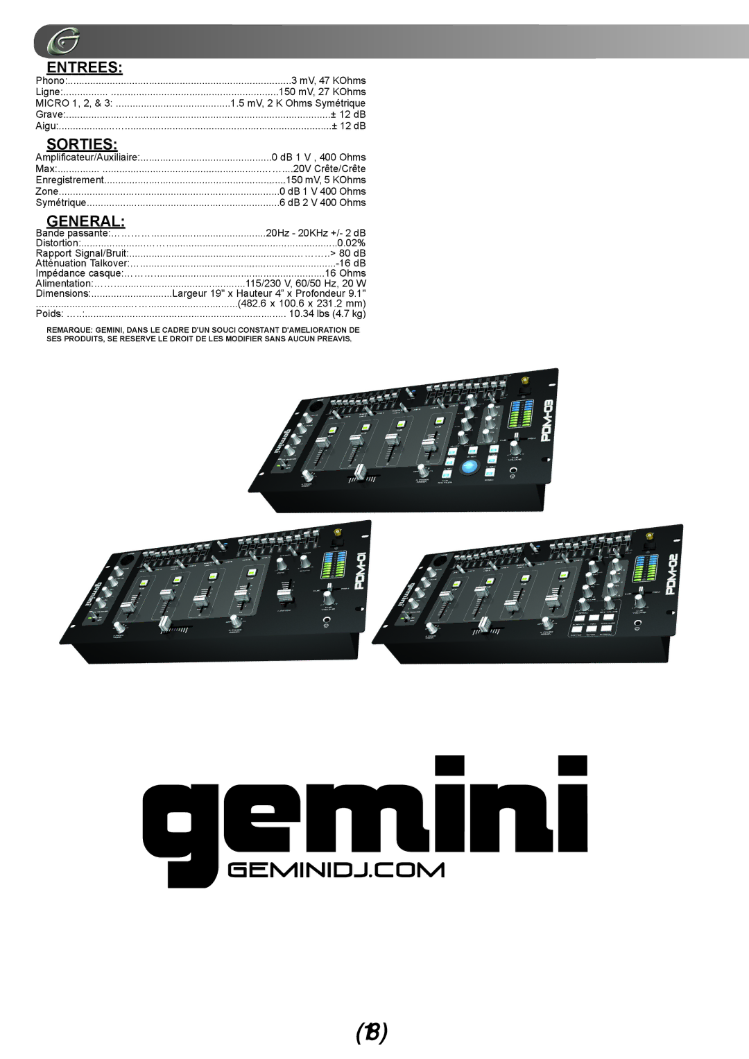 Gemini PDM-01, PDM-02, PDM-03 manual Entrees, Sorties 