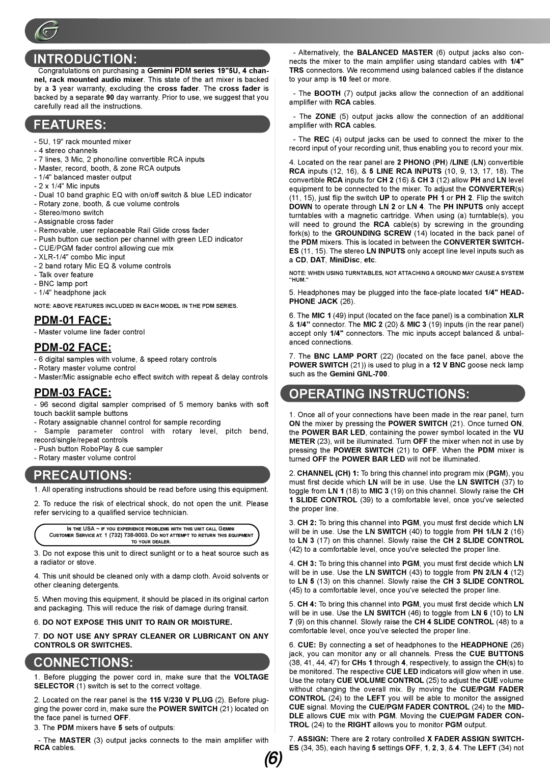 Gemini PDM-01, PDM-02, PDM-03 manual Introduction, Features, Precautions, Connections, Operating Instructions 