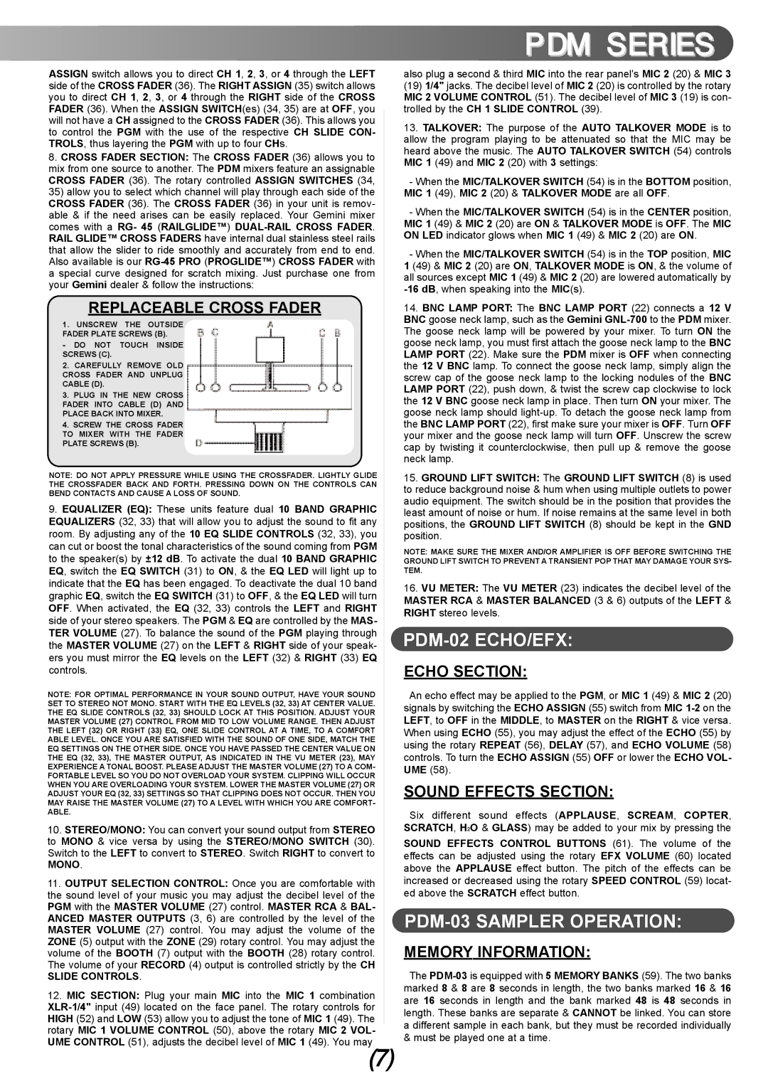 Gemini PDM-01 manual PDM-02 ECHO/EFX, PDM-03 Sampler Operation 